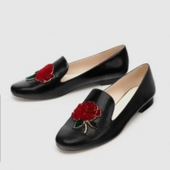Zara Black with Rose Applique Flats size 8 - Picture 1 of 6